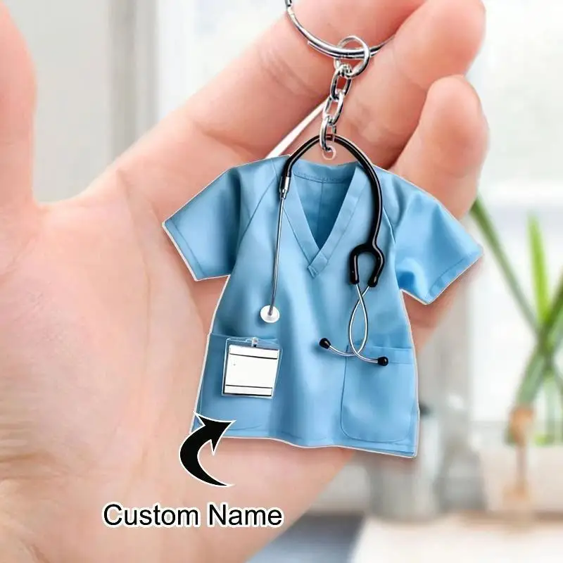 （JYA1）1/5Pcs Worker Keyring New Acrylic Nurse Uniform Keychain 2D Flat Tag Car Pendant With Stethoscope Gift For Nurses Doctors