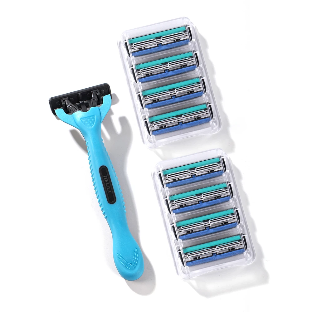 Blue Razor Blades Men 3Layers Plastic Stainless Steel Manual Shaver Head 9 Shaving Accessories Refills 1 Versatile PVC Holder