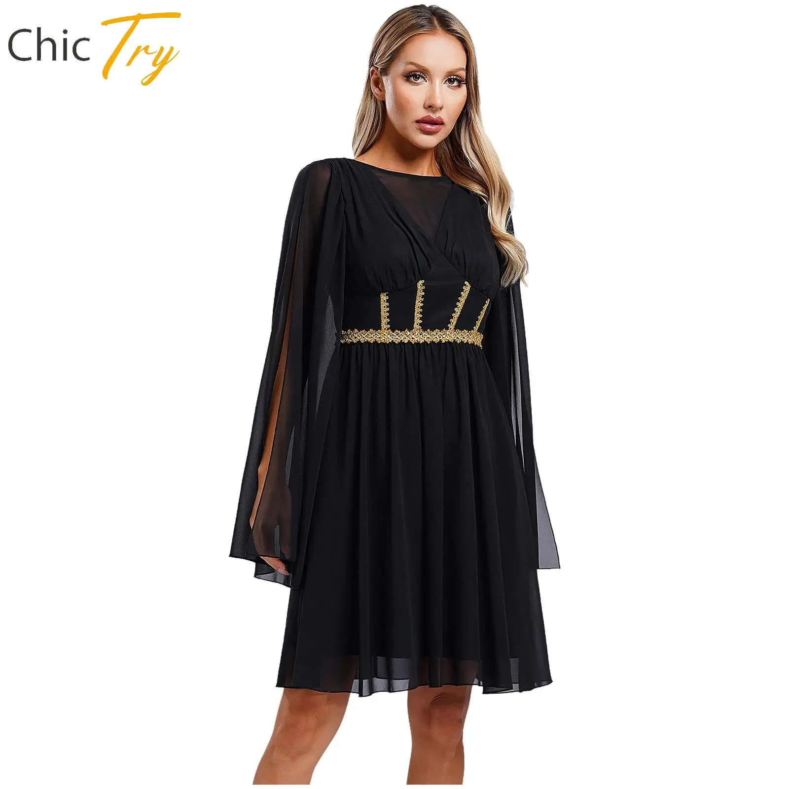 Women Greek Beauty Dress for Jazz Dance Performance V Neck Split Sleeve for Halloween Dress-up Party