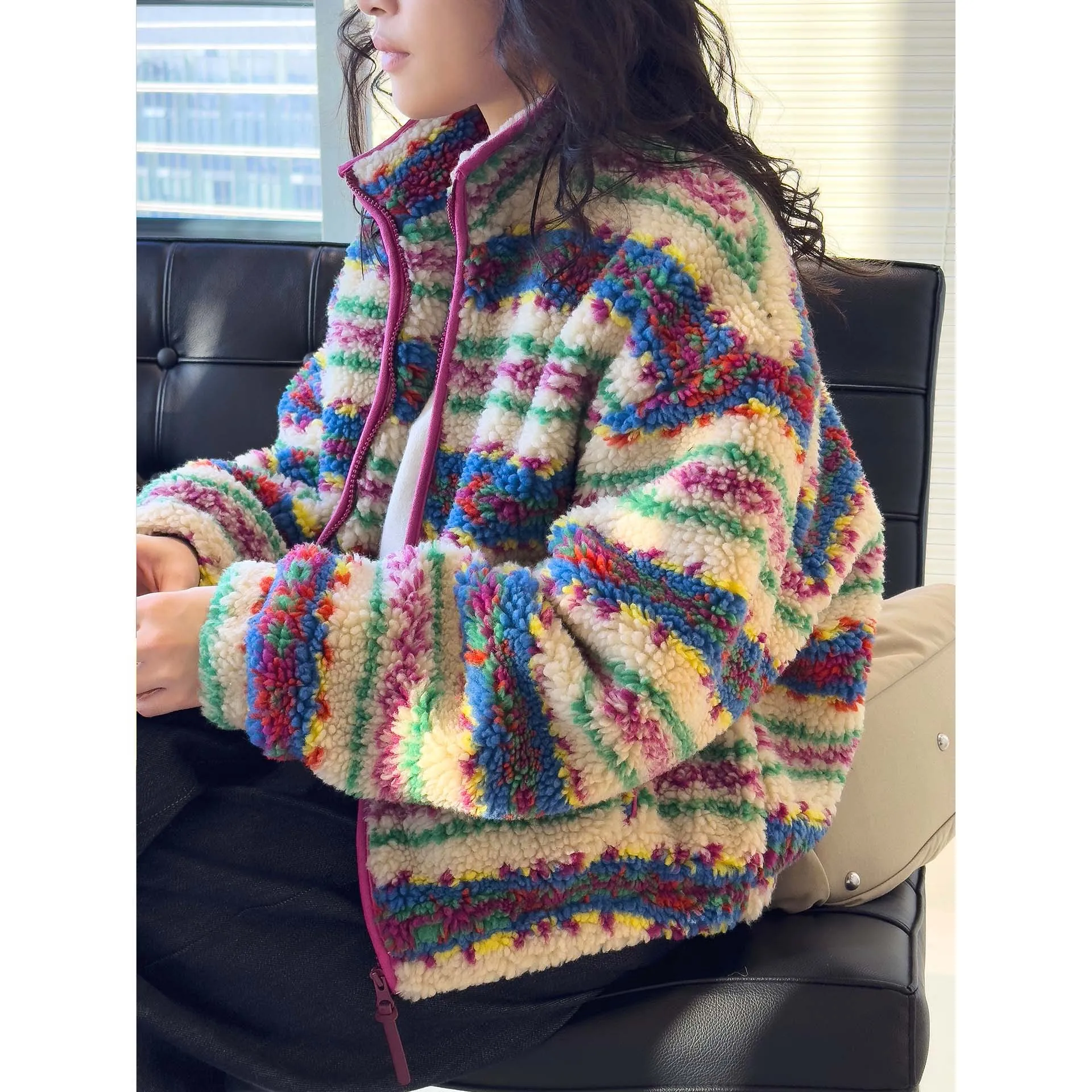 

Winter Stand Collar Colorful Jacquard Striped Lamb Wool Warm Plush Coat For Women