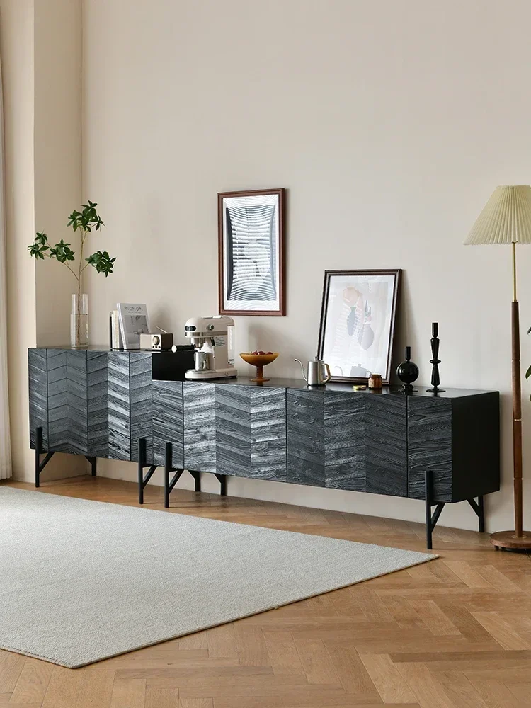 Black TV Cabinet French Retro Fishbone Pattern Locker Nordic Modern