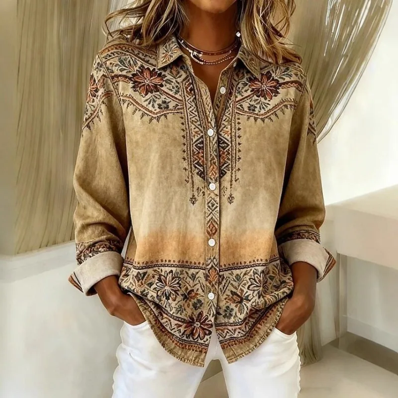 

Осенний винтажный свободный богемный топ с открытой подкладкой и графическим принтом 2026, женская рубашка с длинными рукавами и графическим принтом, винтажный топ в стиле ретро