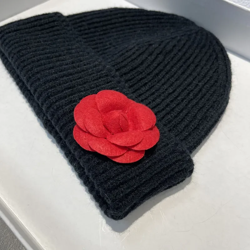 

Red camellia wool hat women's warm knitted hat autumn and winter cold hat fashion 2023 celebrity beanies