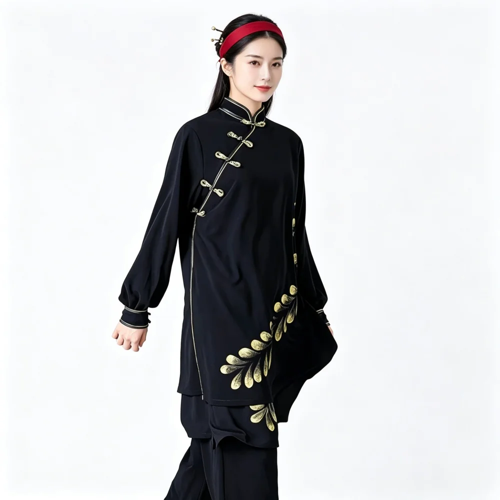 Ladies Wushu Tai Chi Suit Black Stand Collar Hand Painted Floral Kung Fu Costume For Competition Daily Training