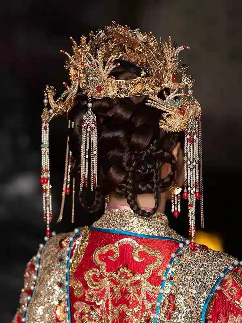 Lujosa peluca china tradicional Phoenix Coronet, tocado nupcial Xiuhe, accesorios para el cabello de boda