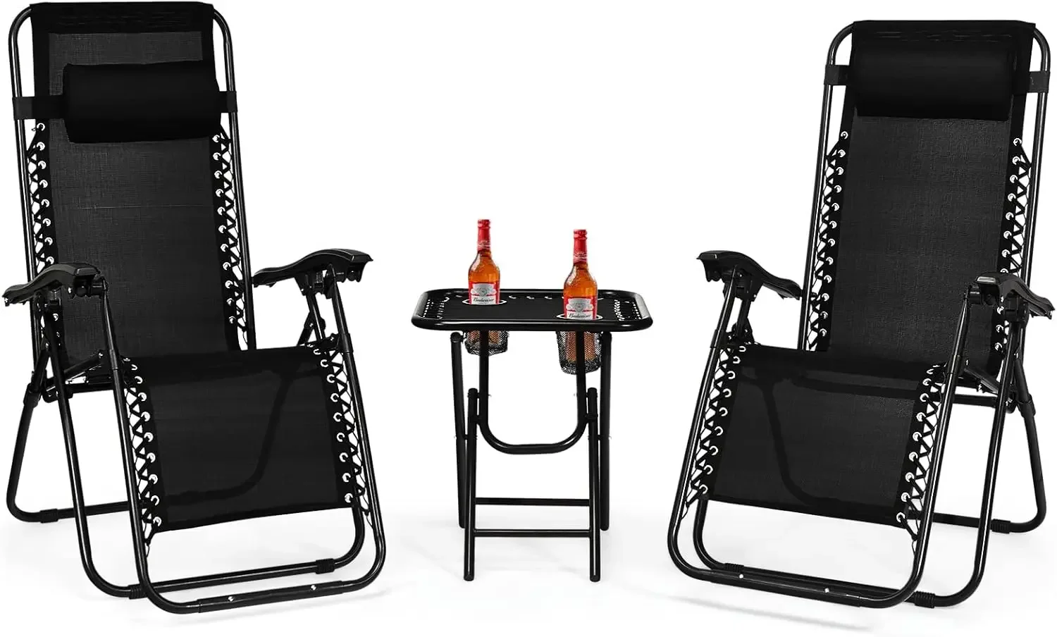 Gravity Chair Set, 3 Pieces Outdoor Lounge Chair Recliners w/Side Table, Headrest and Cup Holders