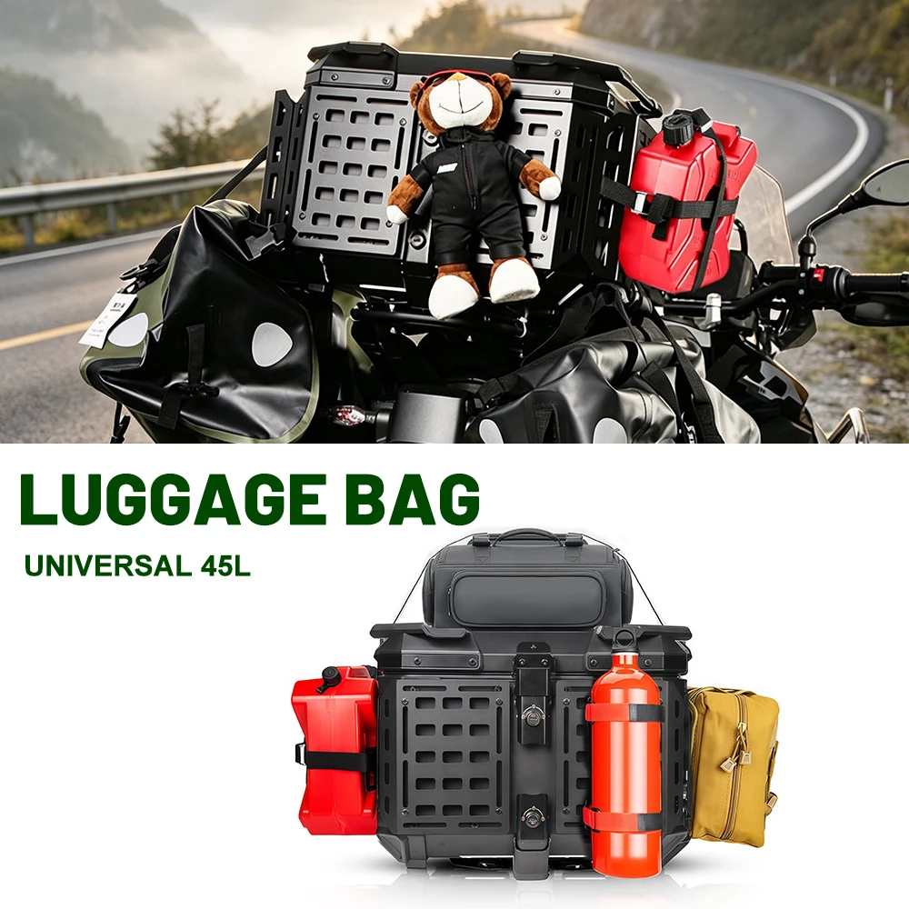 Universal Three‑Sided X‑Pattern Aluminum Tail Box For Motorcycle Scooter Bike Rear Storage Trunk 45L Waterproof Shockproof