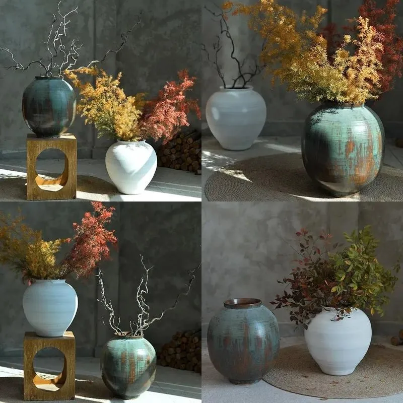 Chinese Ceramic Vase Nostalgic Retro Ornament Desktop Dried Flower Big Moon Jar Home Decoration
