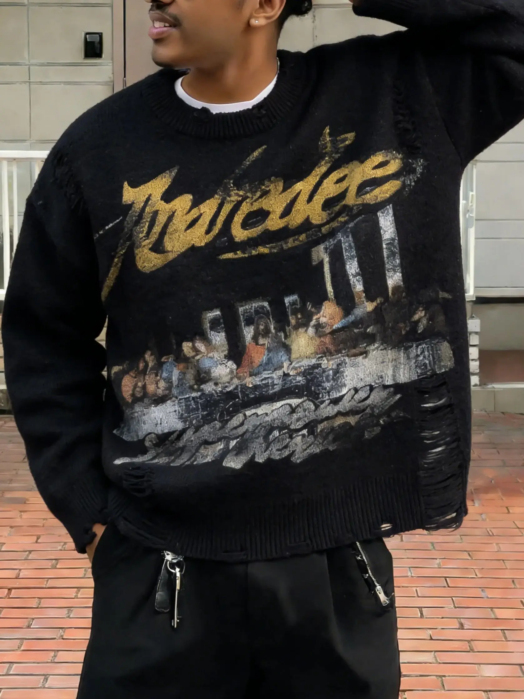 Andreilee New Spring, Autumn, and Winter Men's Street Fashion French Oil Painting Print Spray-Painted Cut-Out Design Long-Sleeve Sweater Unisex Round Neck Casual Versatile Fitted Pullover Knit Sweater