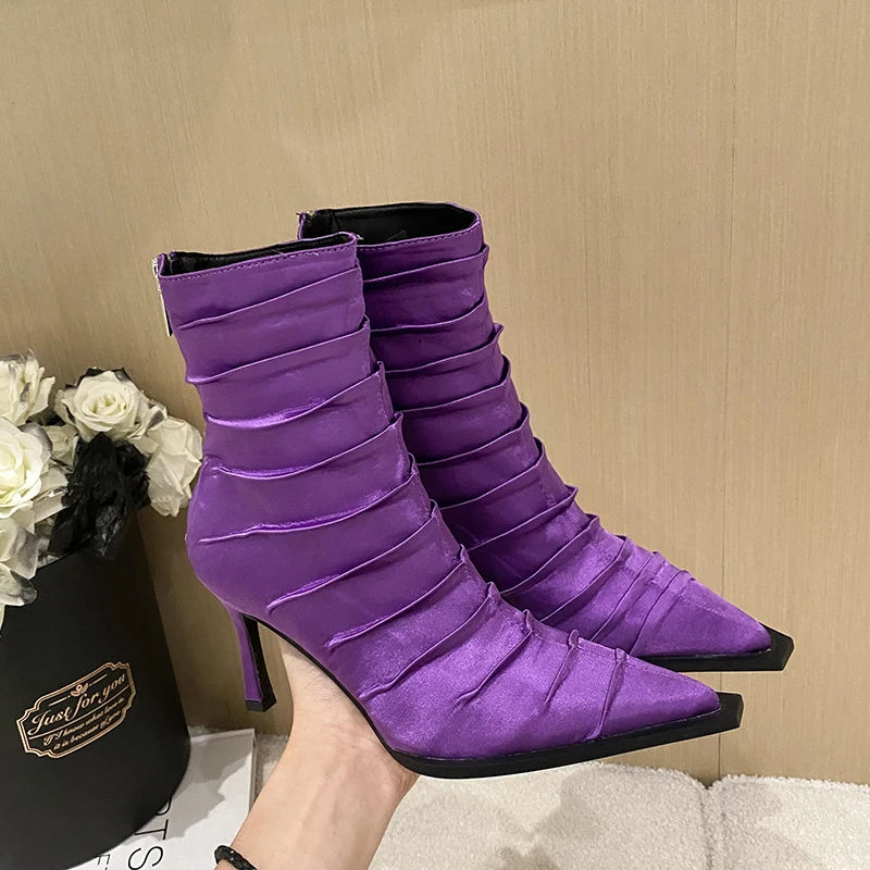

Pointed Silk Pleated Zipper Women's Boots Thin Heels Short Tube Ankle Boots Genuine Leather Shoes For Women Slim Elastic Boots