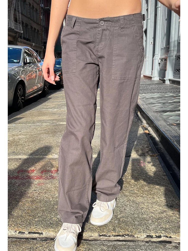 Vintage Solid Casual Cargo Pants Pockets Sexy Low Waisted Baggy Straight Trousers Women Y2k Streetwear Loose Sweatpants Chic