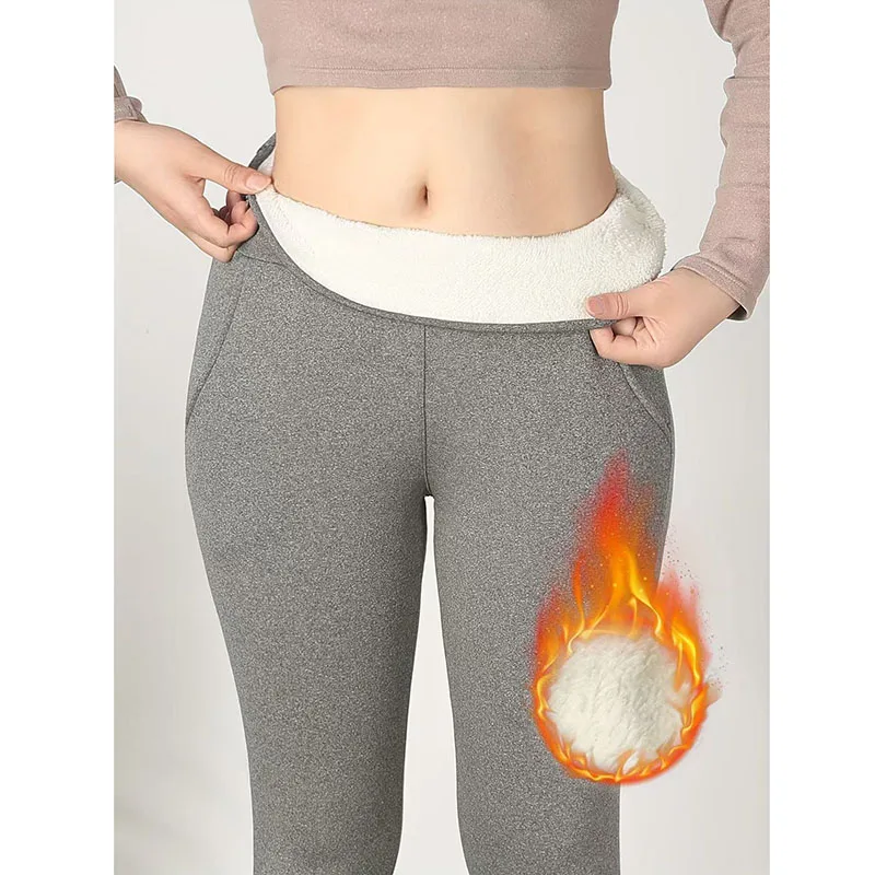 الداخلية تقليد الحملان الكشمير طماق النساء الشتاء سميكة الدافئة زائد المخملية مع جيوب الجوارب عالية الخصر سليم تمتد يغطي الرجل #2