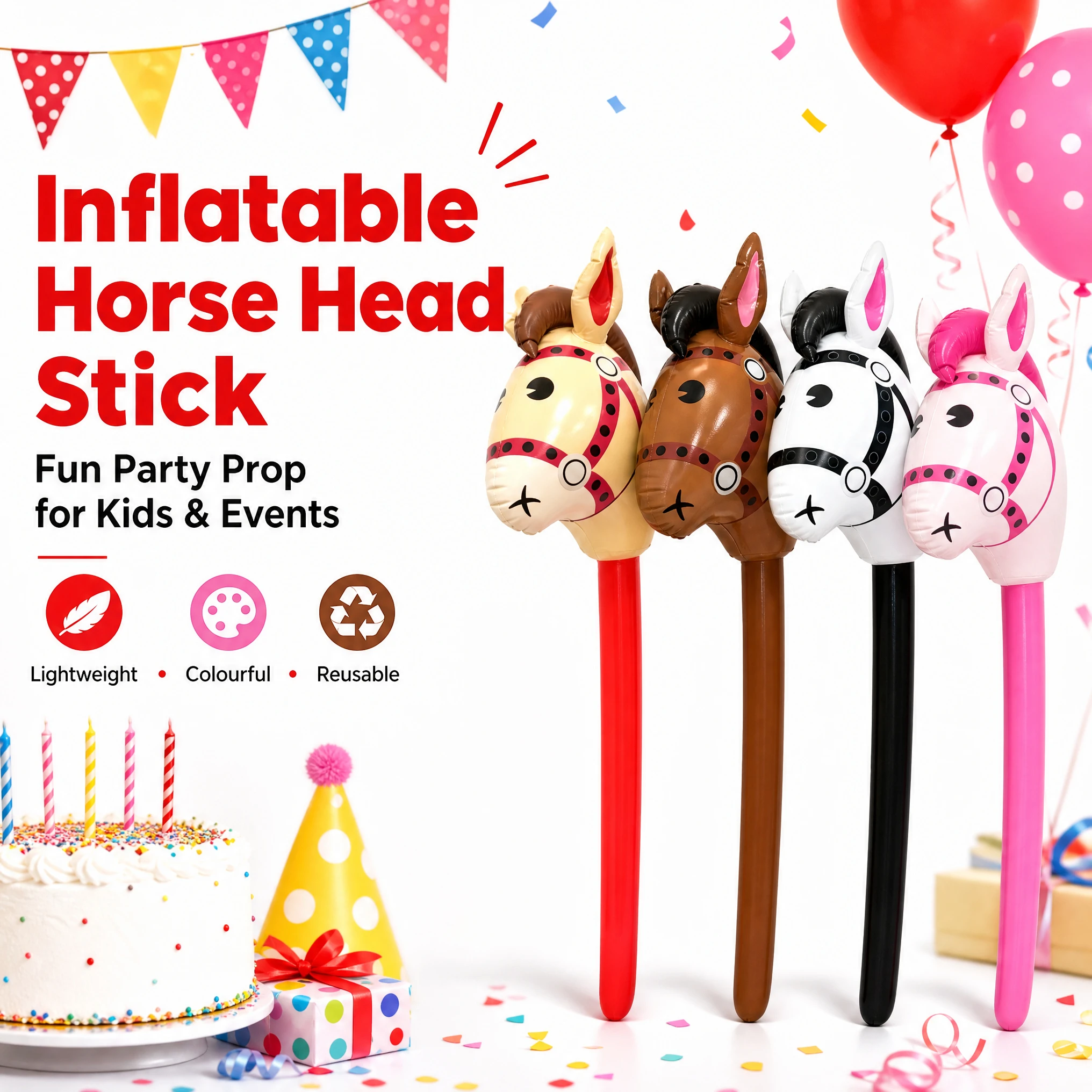 Inflatable Stick Horse PVC Horse Head Stick Balloon Western Cowboy Party Kids Riding Toy Birthday Party Decor