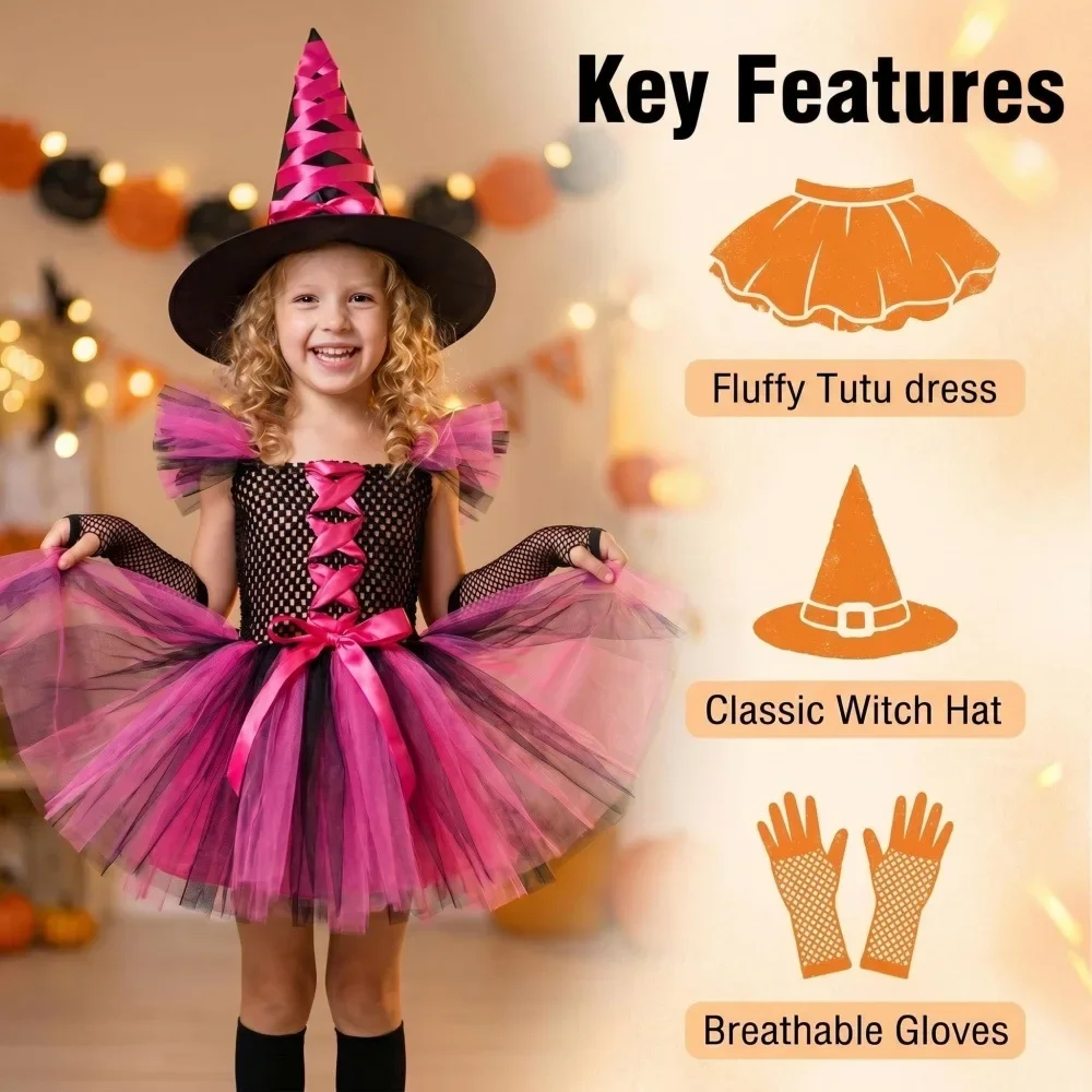 Halloween Mädchen Rosa-Schwarzes Hexen-Tutu-Kleid-Set mit Hut, Handschuhen, Socken, Besen Kinder Kostüm Cosplay Partykleidung – Detail 4