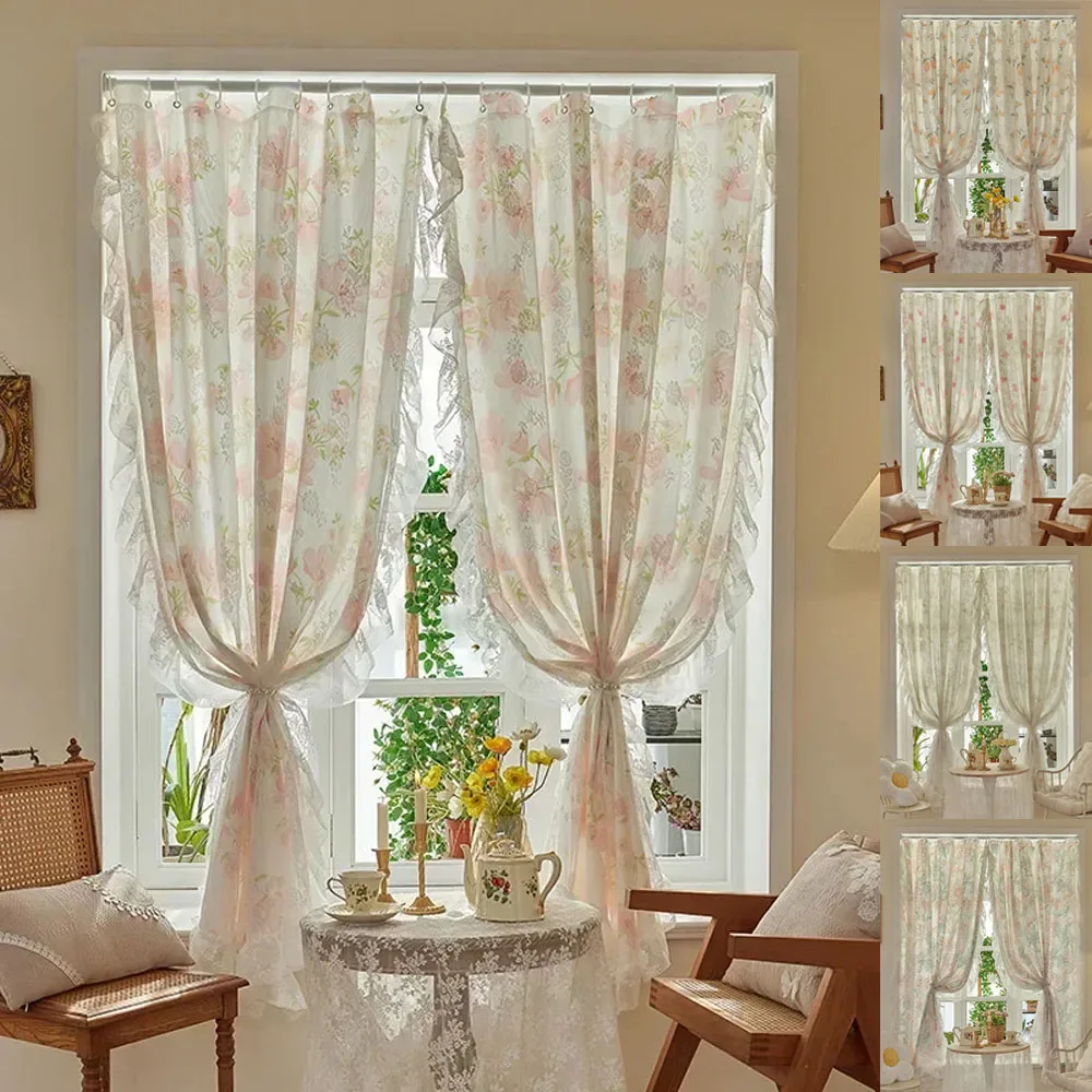 

1PC Lace Flower Sheer Curtain Rod Pocket Luxury Tulle French Window Cabinet Curtains Living Room Decorative Curtain Home Decor