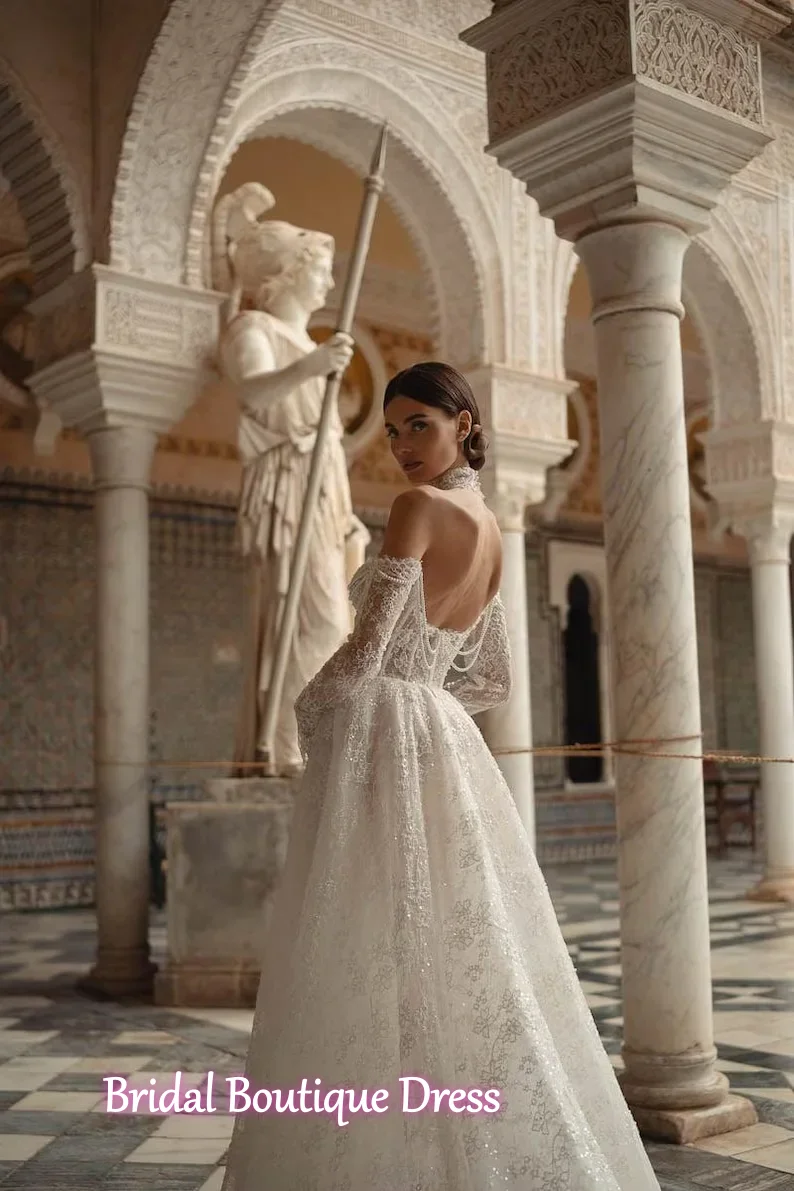 New Arrivals Off The Shoulder Long Sleeve Sweetheart Neck Lace A-Line Bridal Wedding Dress Vestido De Novia