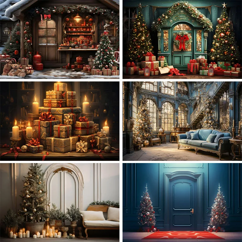 Photography Background Christmas Indoor Fireplace Window Family Portrait Props Xmas Tree Party Decor Kids Backdrops Photo Studio