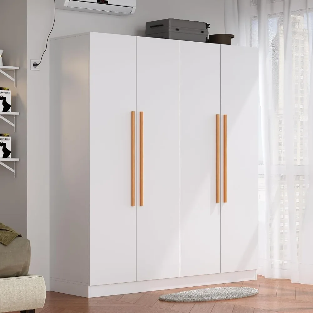 

4 Doors Wooden Wardrobe Closet Armoire, White Storage Cabinet for Hanging Clothes, Bedroom Extra Large Capacity Freestanding