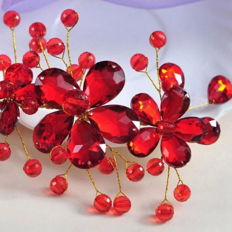 Red Color Crystal Flower Headband Hairband Tiara For Women Rhinestone Bridal Wedding Hair Accessories Jewelry Headband Hairband