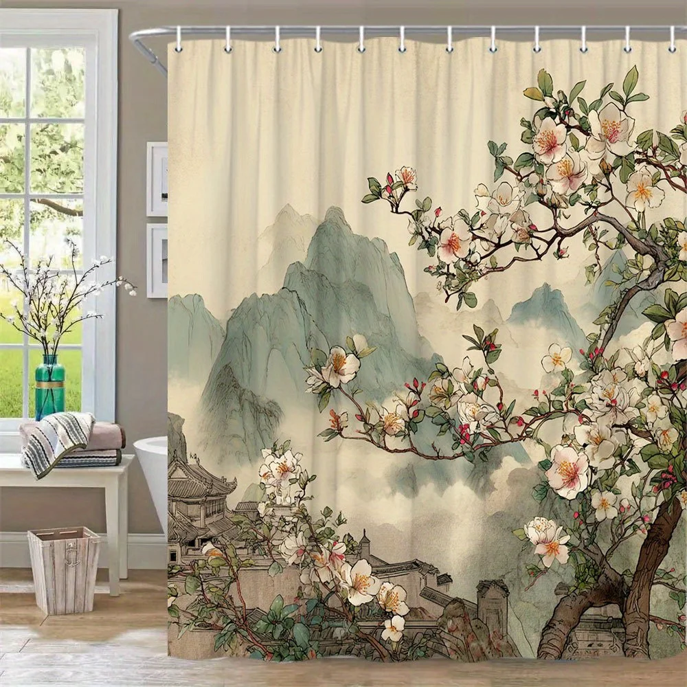 

1 шт. Восточно-азиатская пейзажная занавеска для душа — туманные горы, цветущая ветка и древний храм, дизайн в акварельном стиле, мягкая мука