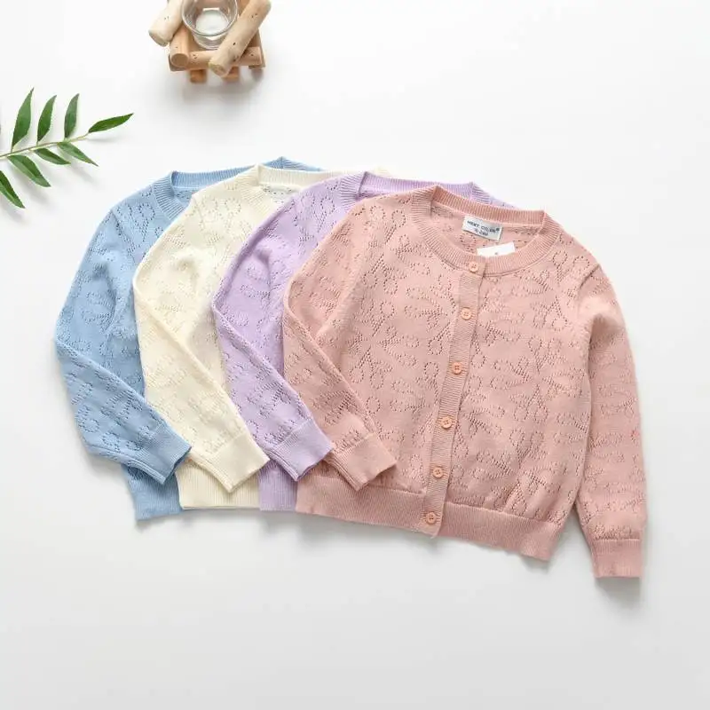 BP2026 Spring New Combed Cotton Thin Cardigan For Kids Cherry Hollow Knitted Shirt Baby Air Conditioning Shirt