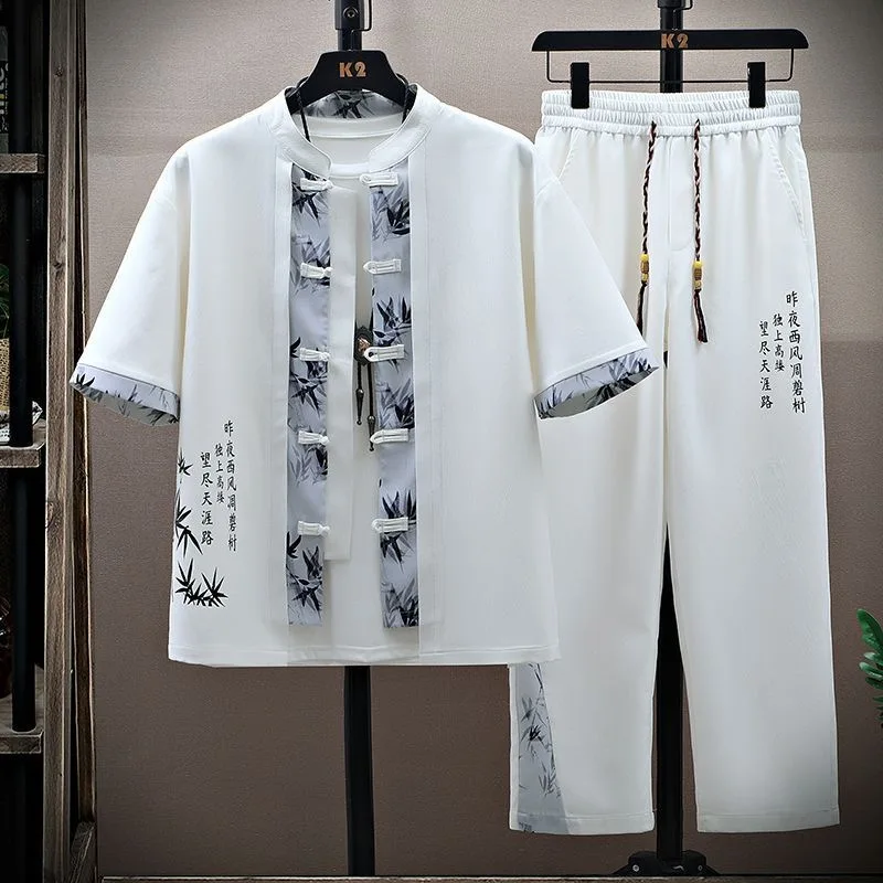 Summer New Fashion Trend Printed Short-Sleeved Shirt and Trousers Set For Men Loose Sporty Comfortable Breathable Two-Piece Set