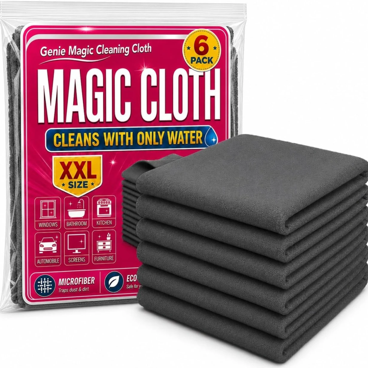 Lot de 6 chiffons de nettoyage magiques Genie en microfibre pour le verre, les fenêtres, les travaux ménagers, l'acier inoxydable, les écrans de voitures