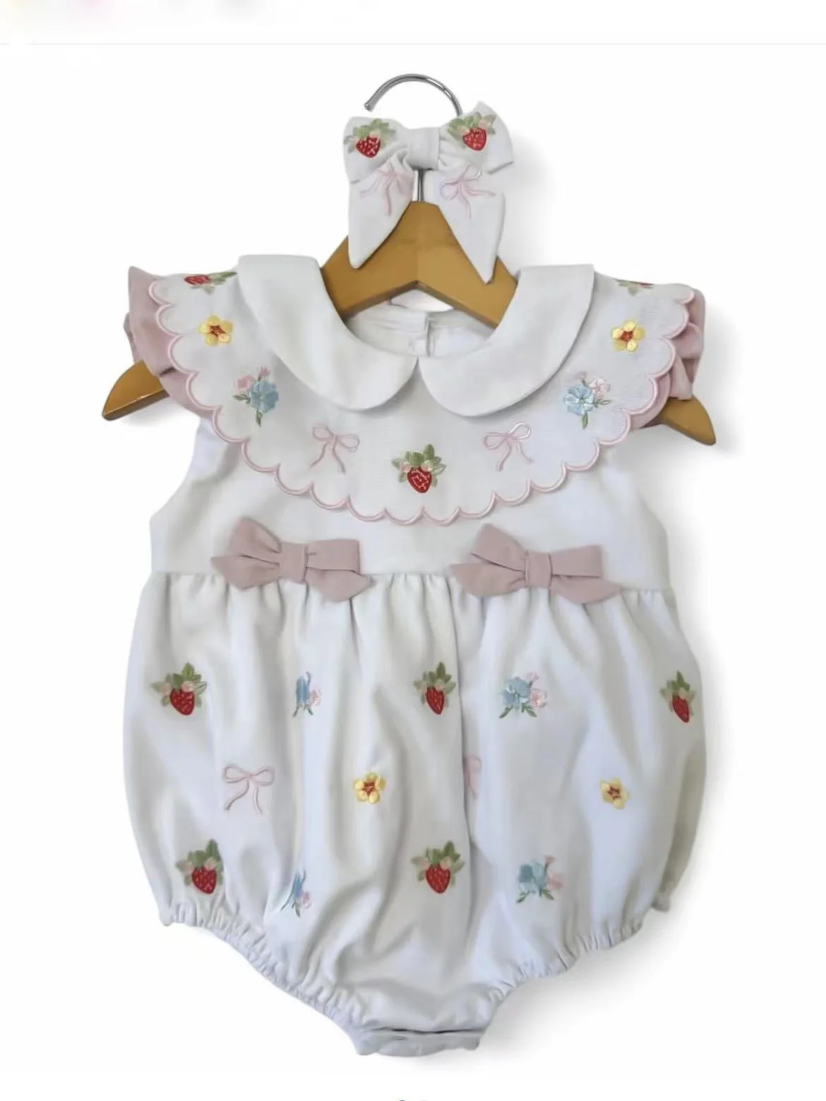 0-6Y Girl Summer White Strawberry Flower Embroidery Rompers for Birthday Photography B551