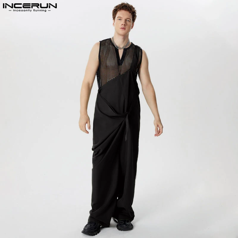 INCERUN 2024 American Style New Mens Jumpsuits Solid Straight Tube Loose All-match Rompers Casual Streetwear Male Overalls S-5XL