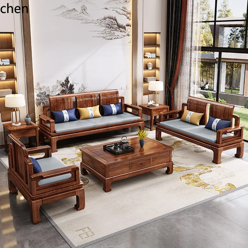 CZ All-solid wood sofa set, oak, antique-style, suitable for both winter and summer, living room furniture in rosewood color