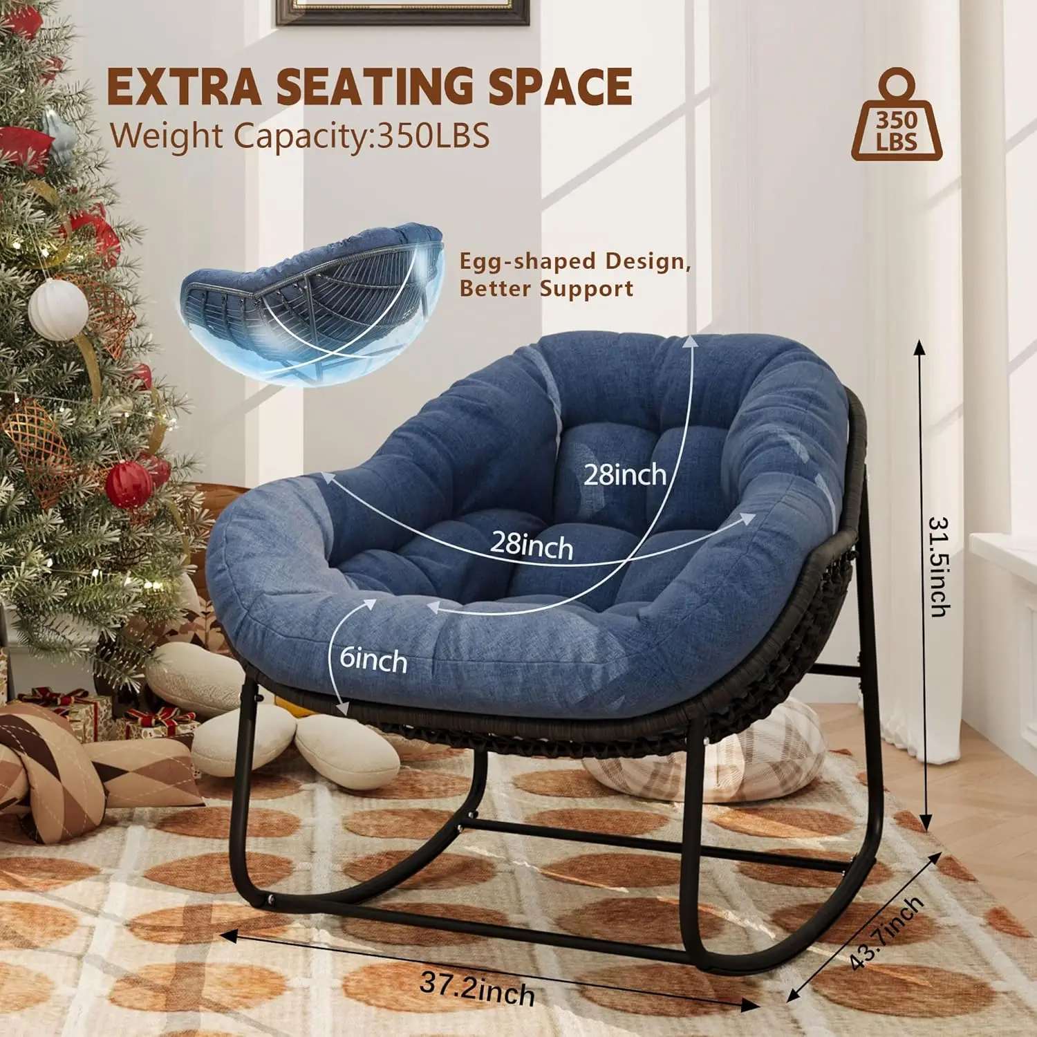 مجموعة كراسي هزازة للفناء الخارجي مكونة من قطعتين، كراسي باباسان مريحة ومبطنة على شكل بيضة، أثاث هزاز من الخوص للاسترخاء