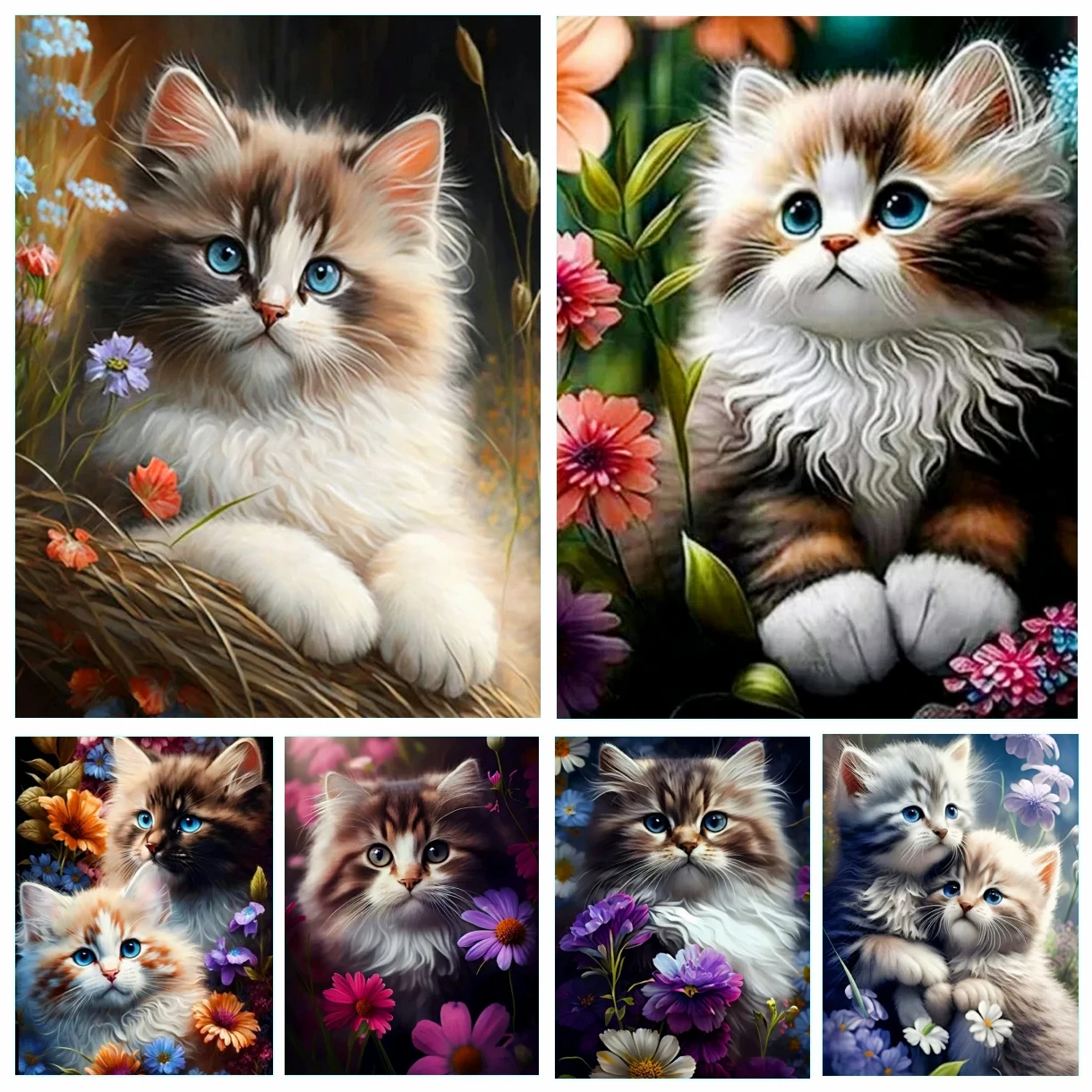 Niedliche Tier-Stickerei, Blume, 5D-Diamant-Malerei, Kunst, Katze, rund, Diamant-Mosaik, Bastelset, handgefertigtes Strass-Geschenk