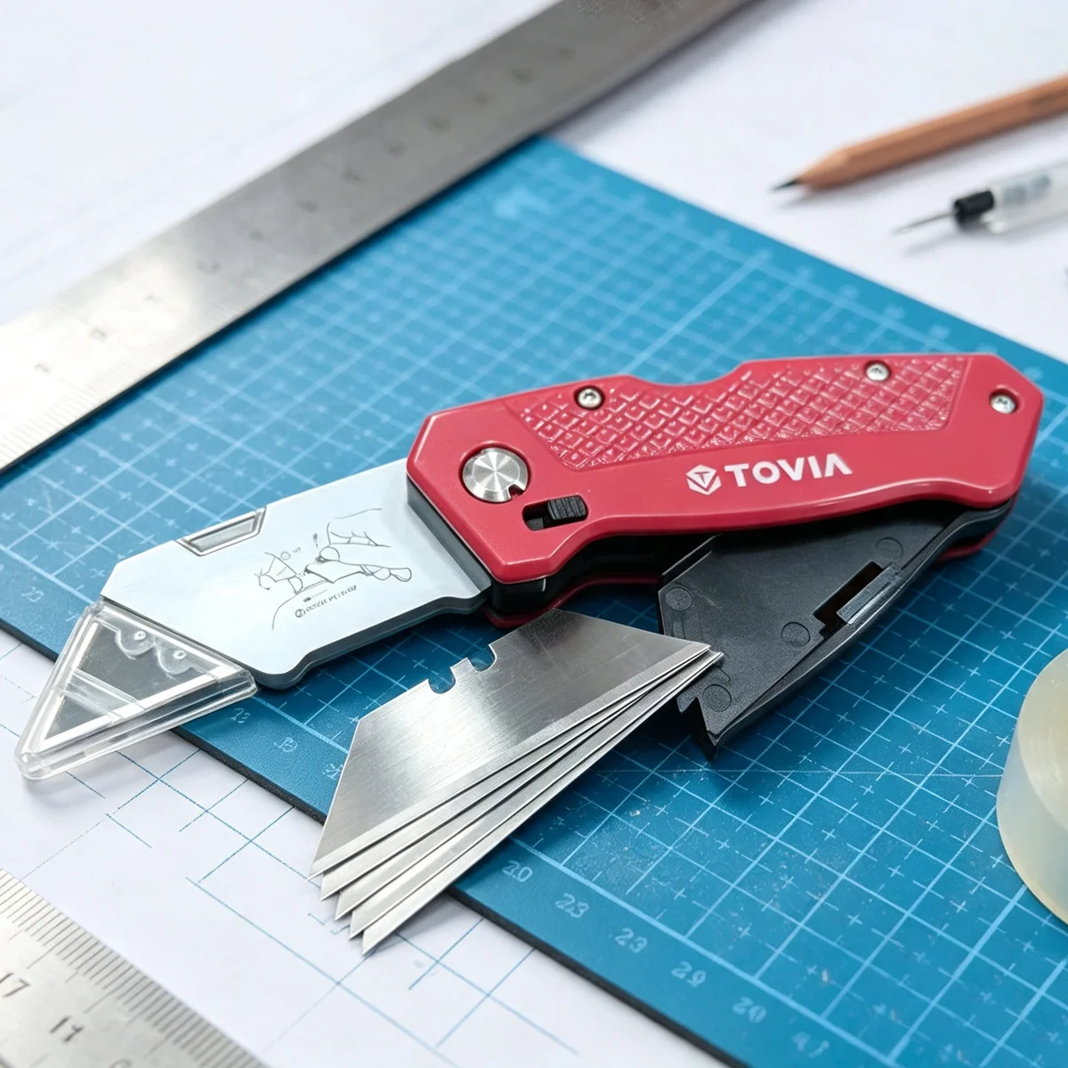 Folding Utility Knife Quick Change Box Cutter Blades with Blade Storage Design Box Knife for Cartons Cardboard and Boxes TOVIA