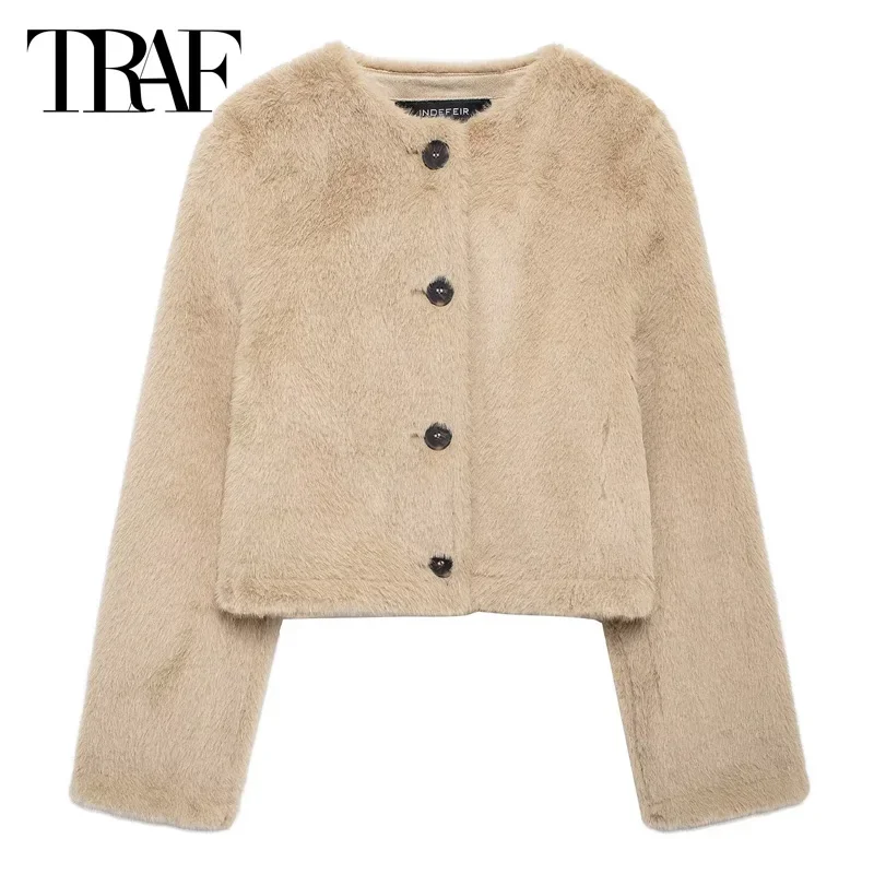 TRAF Fur Coat Women Fluffy Cropped Warm Coat Women 2024 Women\'s Jacket Demi-Season Elegant Fashion Long Sleeve O-Neck Outerwears