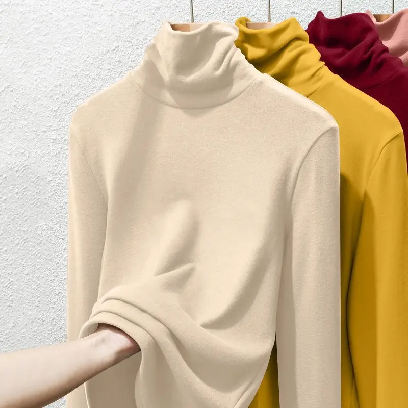 Novo básico feminino interior e exterior quente topo de manga comprida camiseta outono e inverno fino ajuste com engrossar lã base quente camisa