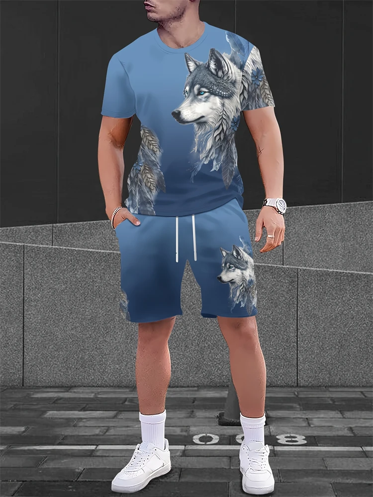 2025 new men's summer short sleeved T-shirt set with animal eagle print personalized shorts casual outdoor set