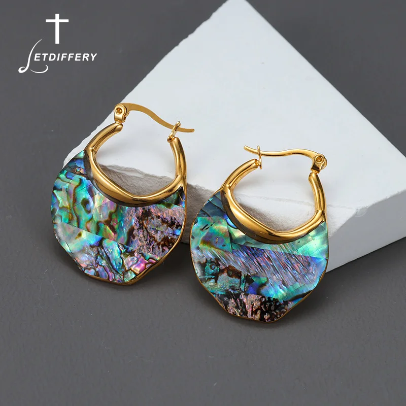 Letdiffery Abalone Shell Hoop Earrings for Women Stainless Steel Irregular Random Colorful Shell Drop Earring Statement Jewelry