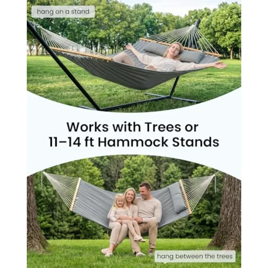 Double Hammock with Spreader Bar Pillow for Outdoor Camping, Patio, Backyard, Garden, Beach Travel Gray, Polyester, 500lbs Capa