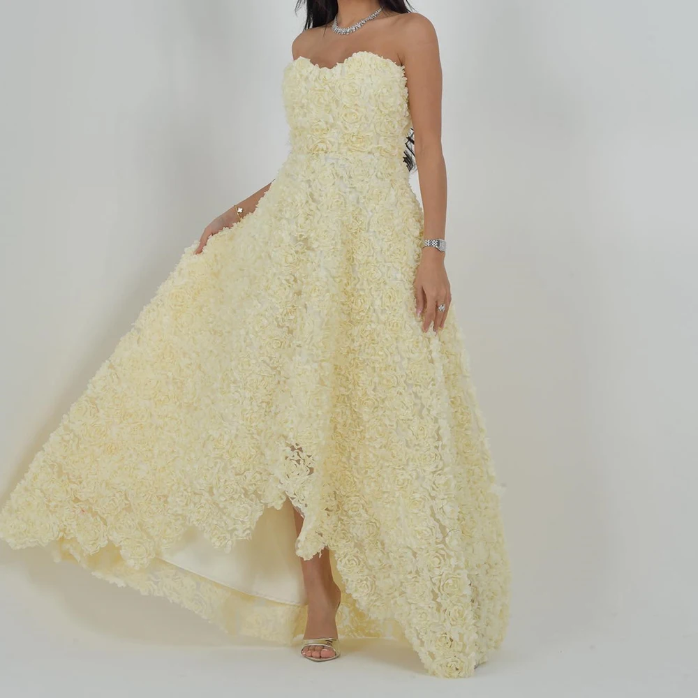 

Exquisite Pleats Flowers Sweetheart Evening Dresses Graceful A-Line Organza Yellow Party Gowns Custom Size Saudi Arabia 2024