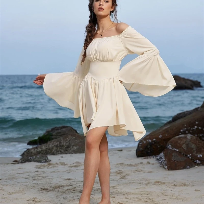 Vestido asimétrico por encima de la rodilla con hombros descubiertos, sin tirantes, cintura ahumada, mangas largas acampanadas, Color sólido, Mini para mujer, elegante cita de fiesta