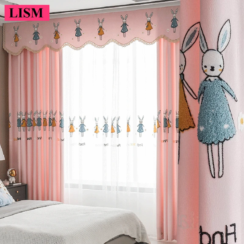 

Modern Children's Room Curtains for Boy and Girls Bedroom Blackout Simple Cartoon Jacquard Bunny Pink Cloth Custom Valance Tulle