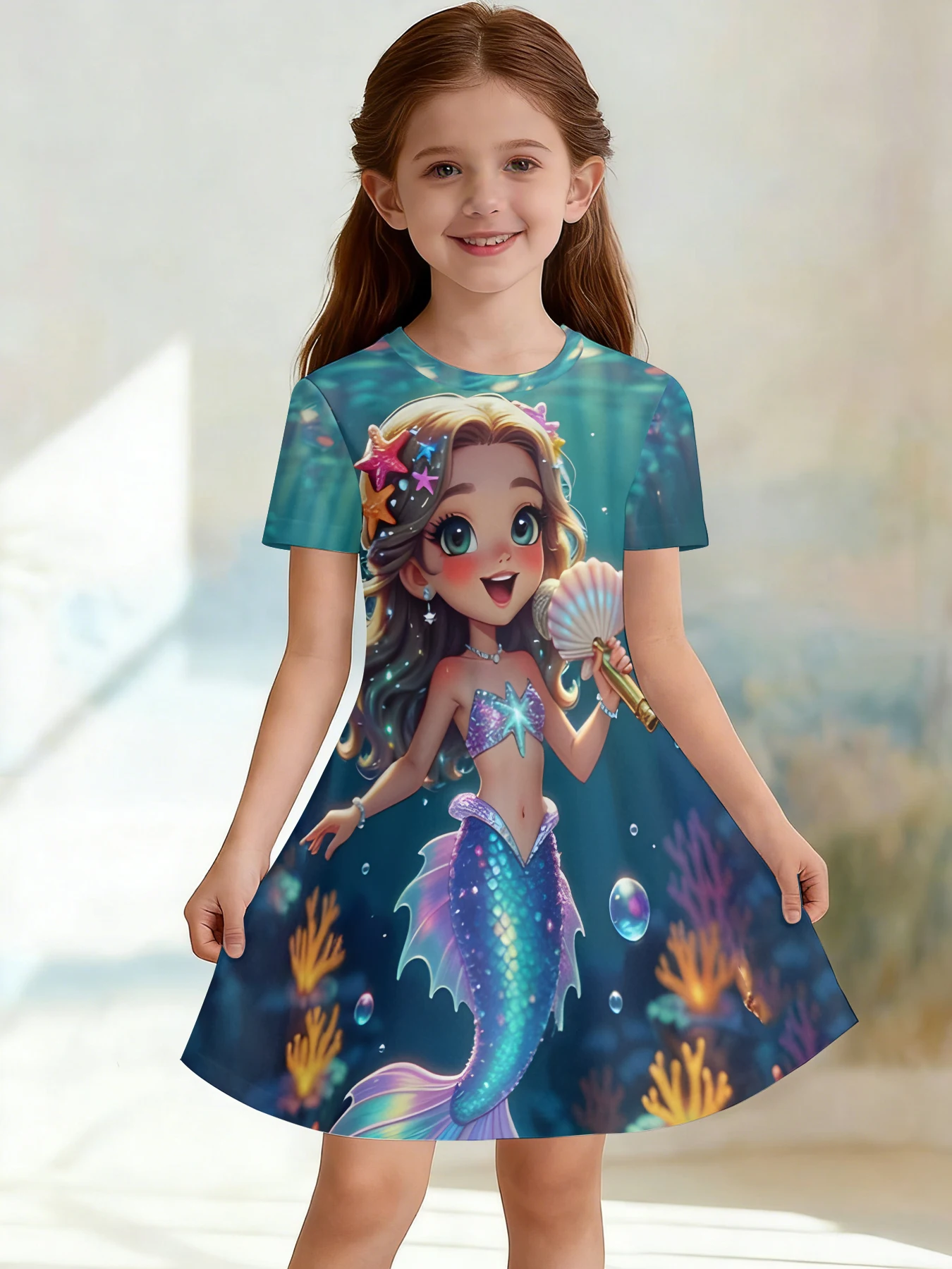 Girls 3D Crew Neck A-line Dress, Pink Castle Princess and Elf Print, Perfect for Parties and Birthday Gifts.
