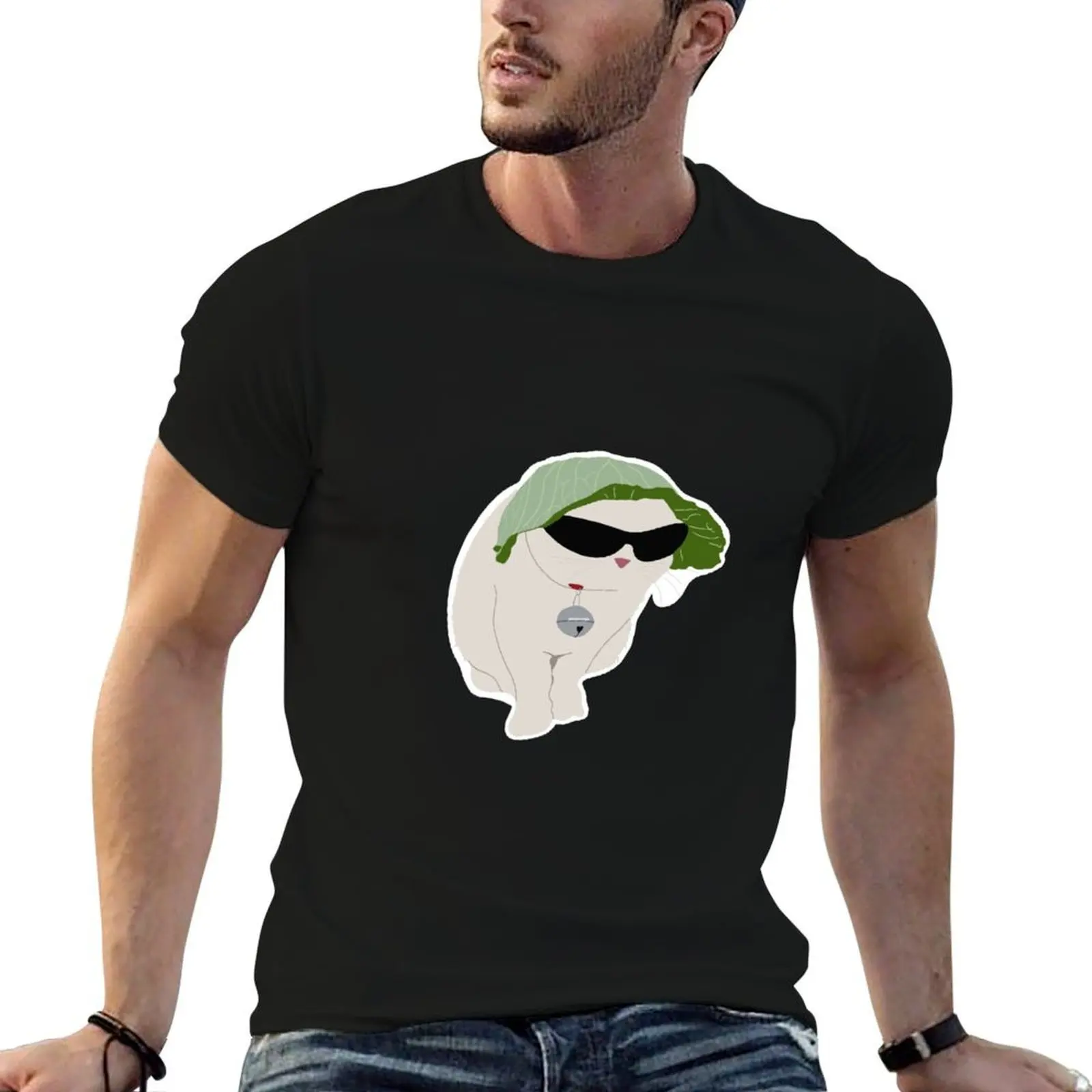 Lettuce Hat Cat (Black) T-Shirt t shirts for man slim fit funny t shirts man t shirts for man graphic tees T-shirt