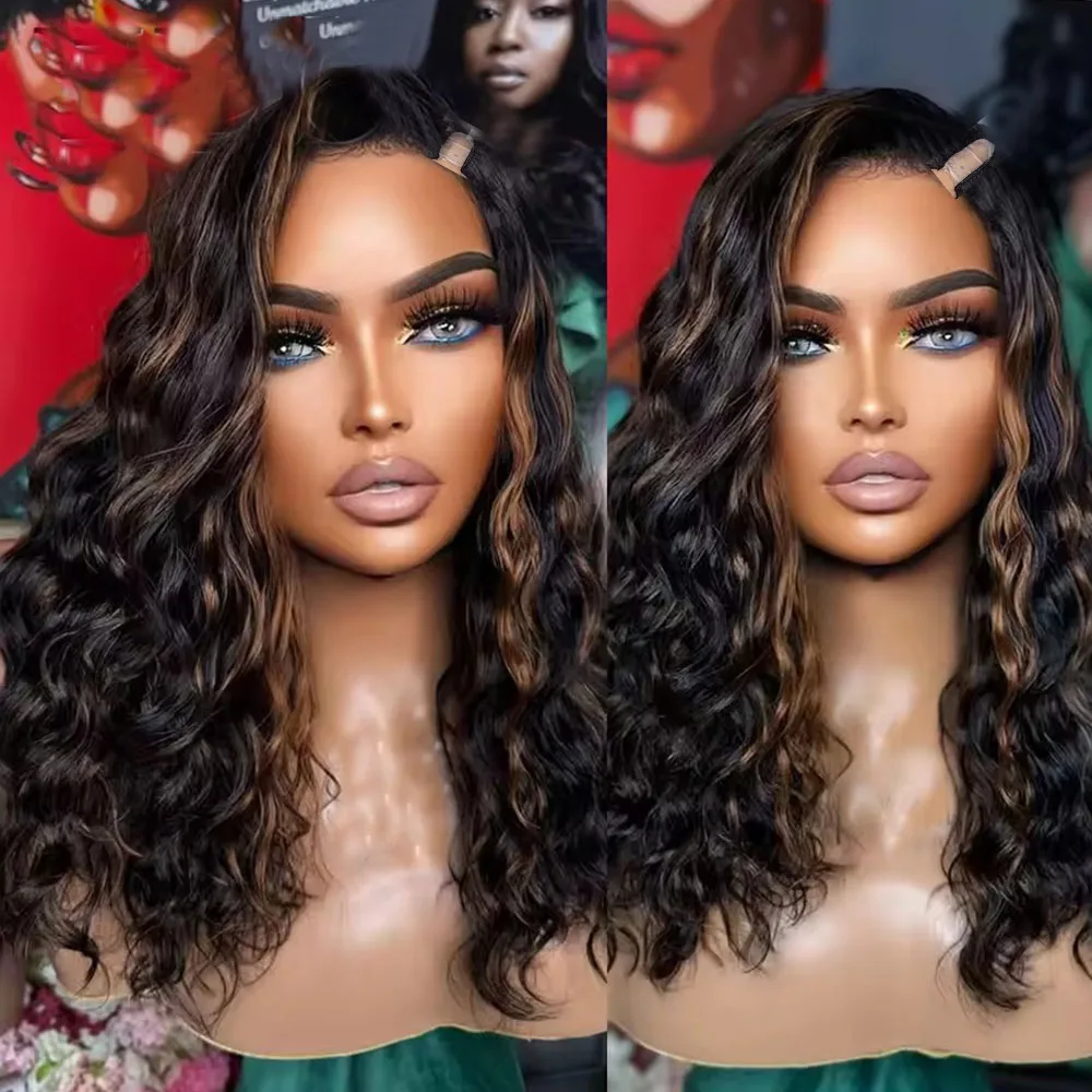 Lockige, lockere Bayalage-Perücke mit braunen und blonden Highlights, natürliches Remy-Echthaar, 100 % Echthaar, klebefrei, 1x4 Größe, U-Part-Perücke für schwarze Frauen, einfache Anwendung – Detail 1