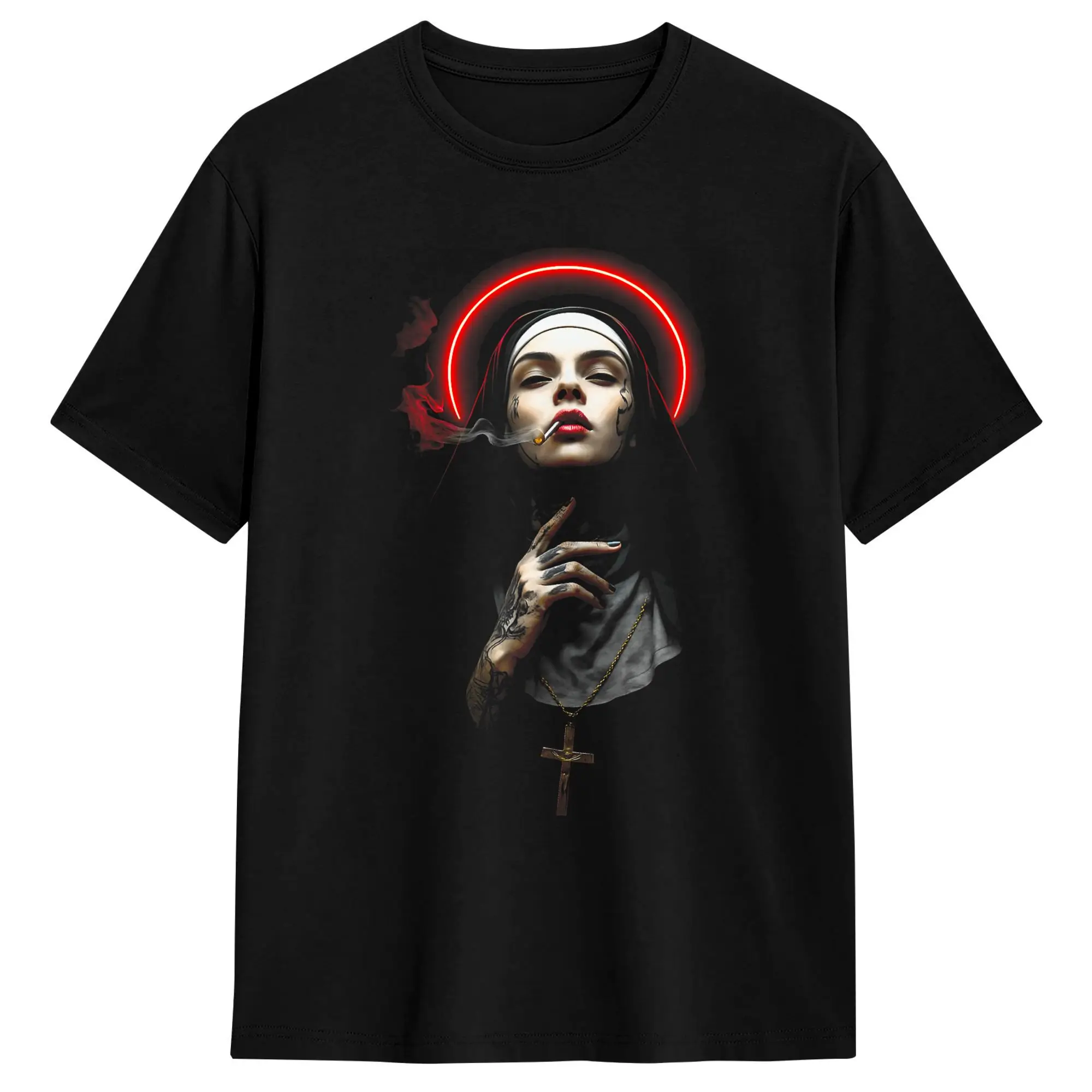 Smoking Tattooed Nun  Urban T Shirt Summer  Pure Cotton T Shirts For Men Casual Tshirt Short-Sleeved Aesthetic Tops