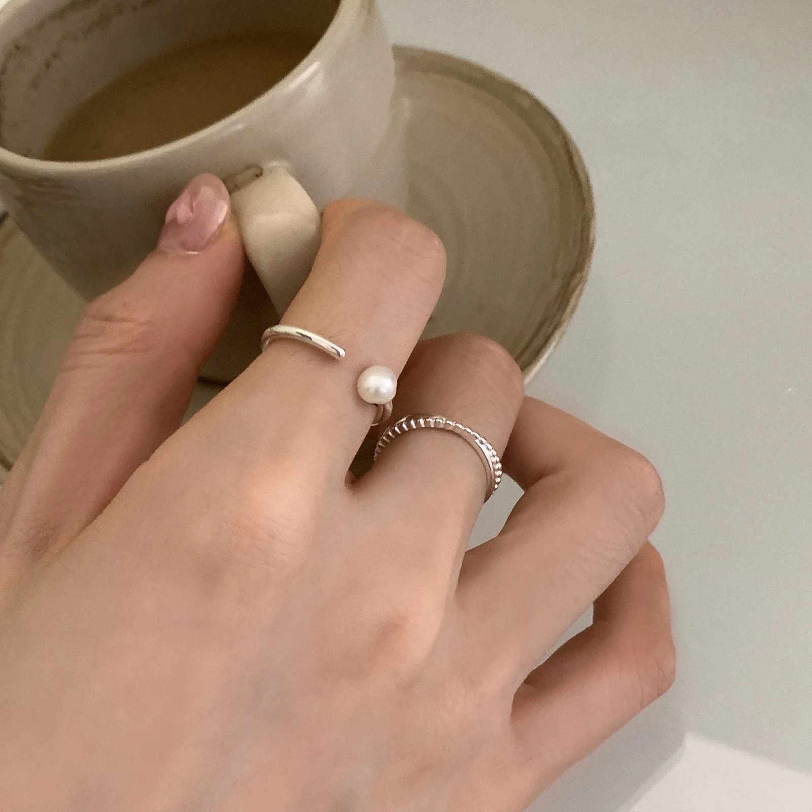 Ring Open Pearl Adjustable Silver Tone Copper Alloy Lightweight Minimalist Premium Versatile Chic Stackable Index Finger Jewelry