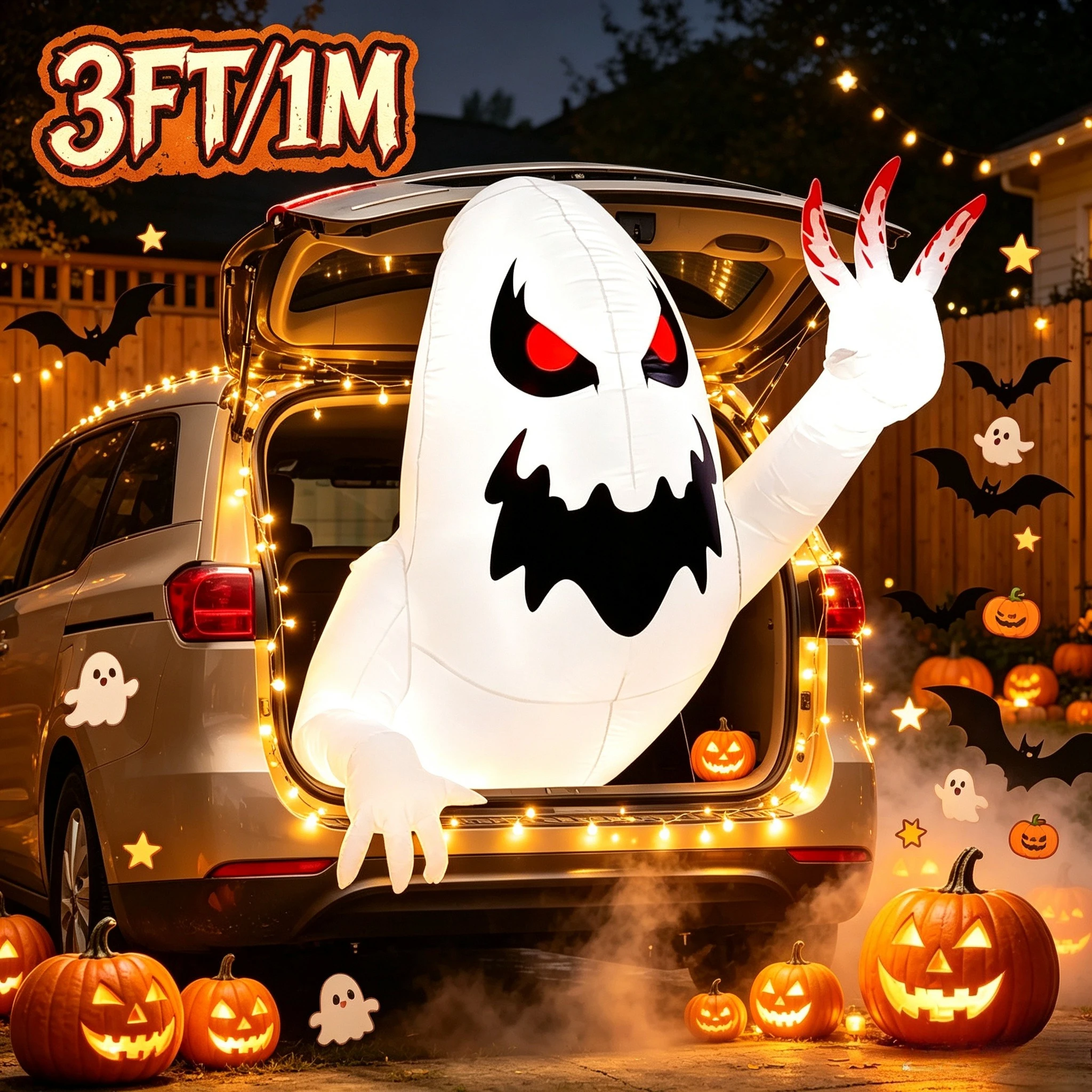 Inflatable 3FT/1M Evil Ghost Halloween Decor, Blow Up Ghost Figure Fit for Car Trunk or Treat, Outdoor Spooky Yard Ornament
