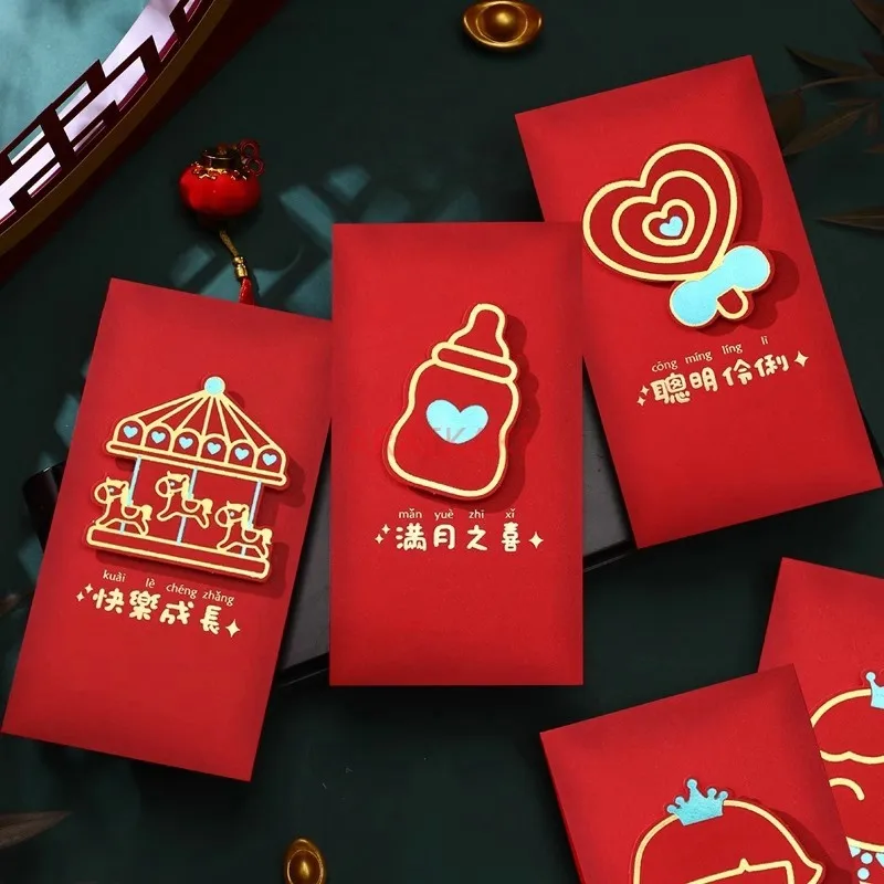 6pcs Baby Red Envelope Happy Birthday 2025 New Creative Large Red Envelope Full Moon Gift Red Envelope Bag