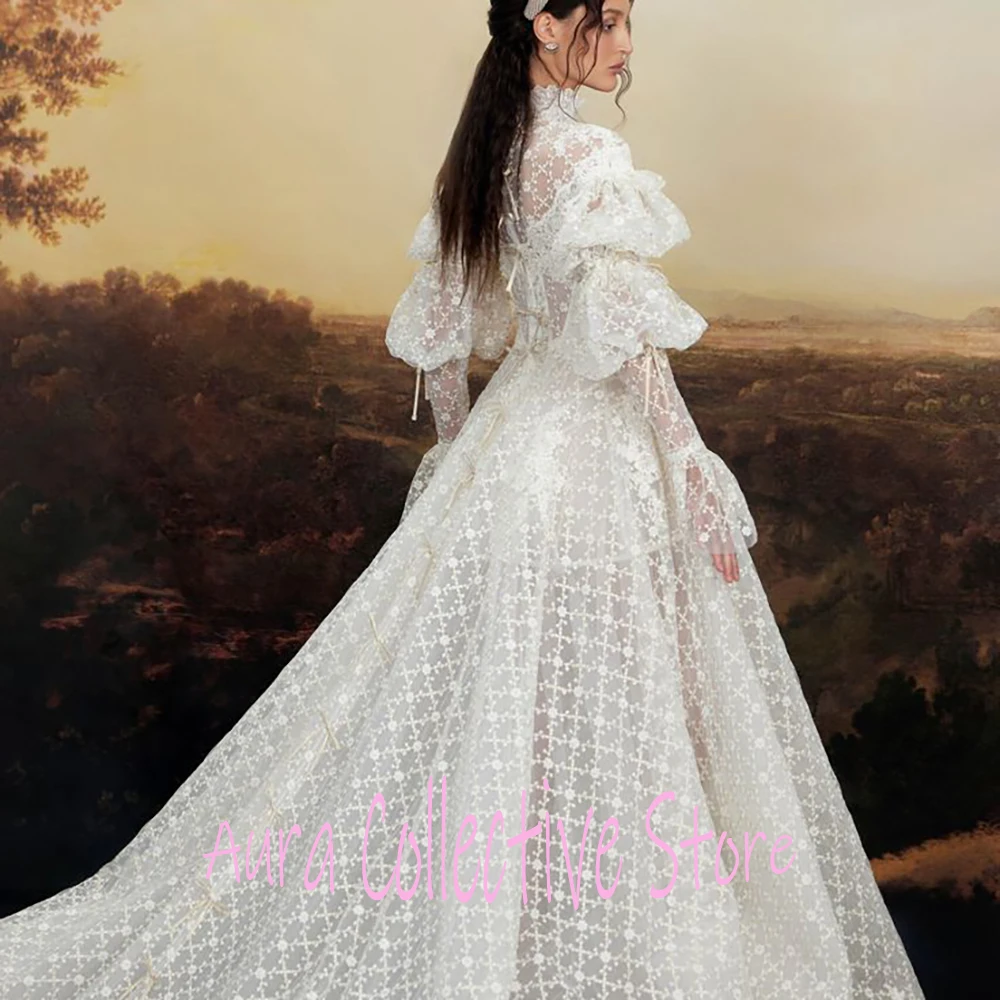 ريترو الملكي الأميرة ثوب الزفاف مع قطار طويل أنيق شير الدانتيل والتطريز فستان الزفاف خمر نفخة الأكمام حزب اللباس