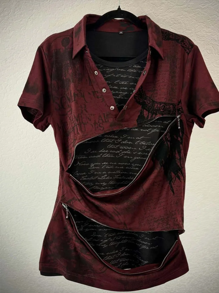Y2K Punk T Shirt Women Men Gothic Streetwear Red Vintage Graphic Print Tee Short Sleeve Harajuku Style Zipper Detail Top